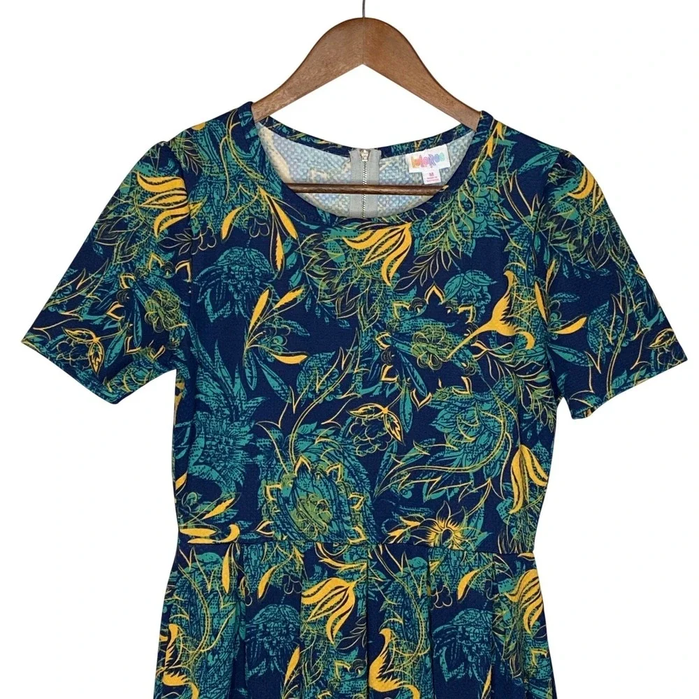 LuLaRoe Amelia Dress Womens Size M Blue Botanical Floral Pleated Stretch Pockets